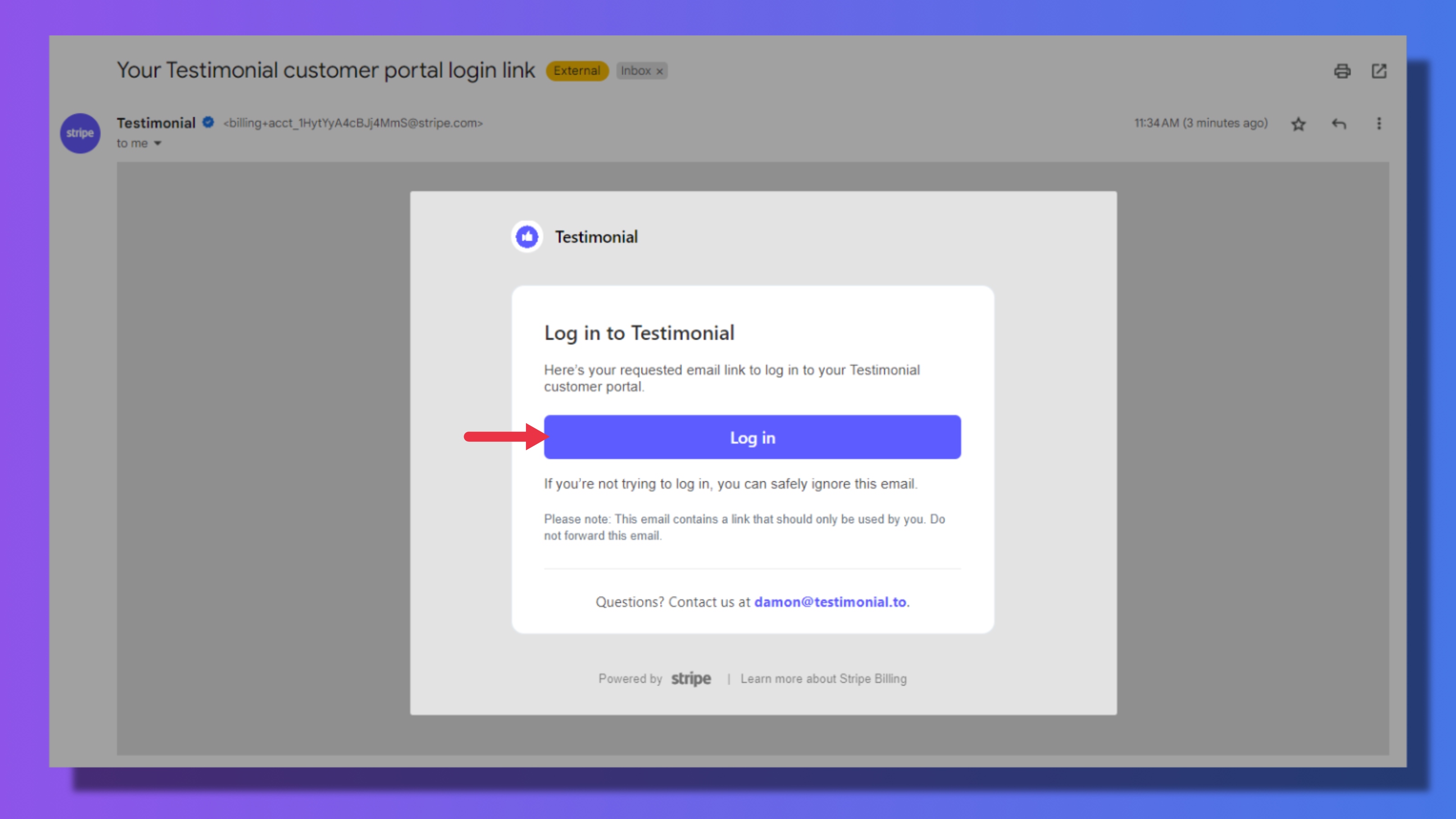 Stripe sign-in email with a link to the customer portal
