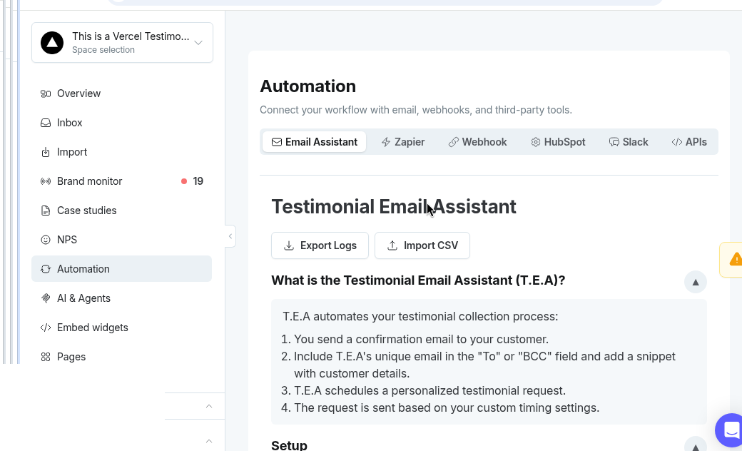 Automation tab row (Email Assistant, Zapier, Webhook, HubSpot, Slack, APIs)