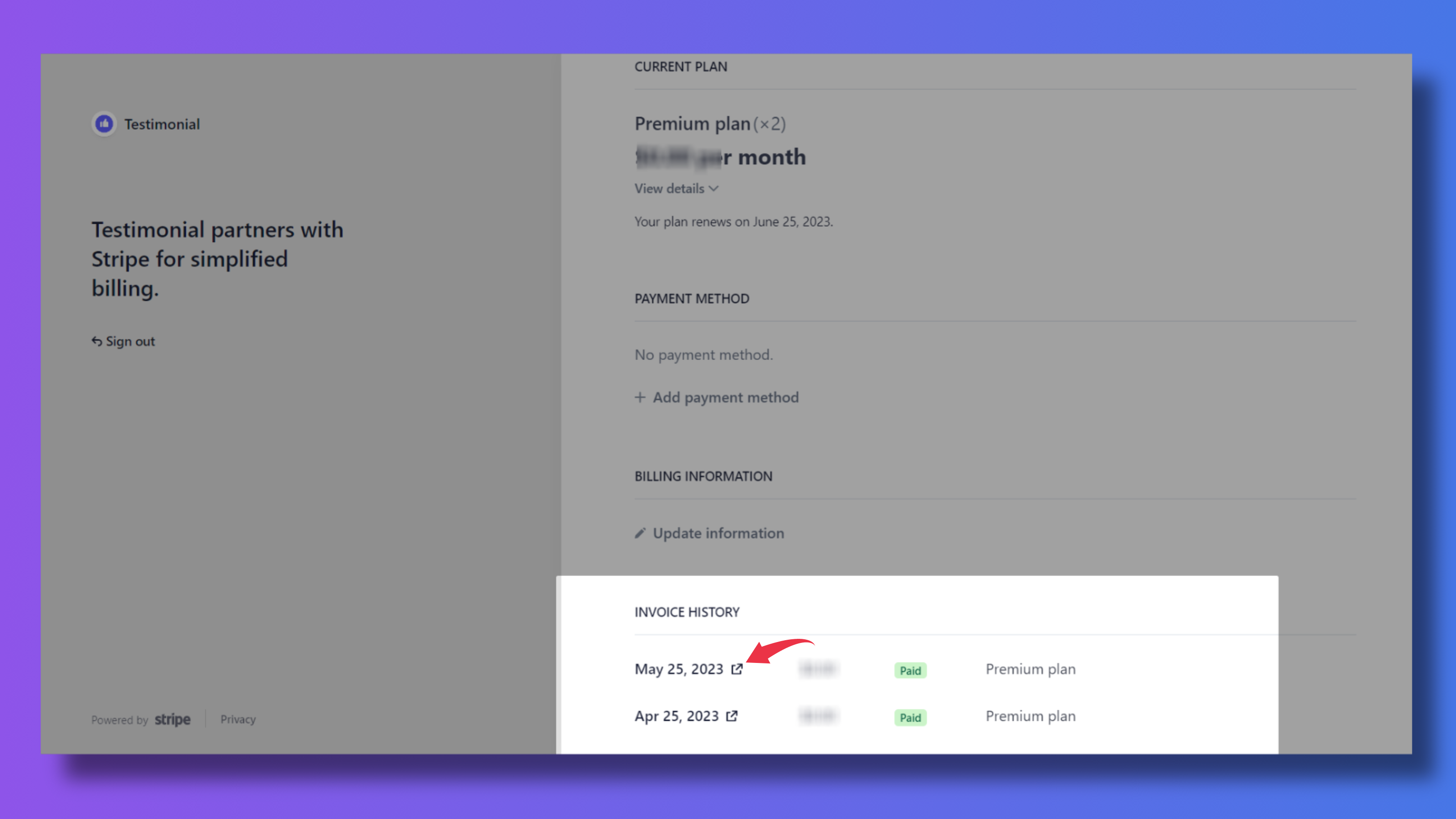 Invoice history with a new-tab icon next to each invoice