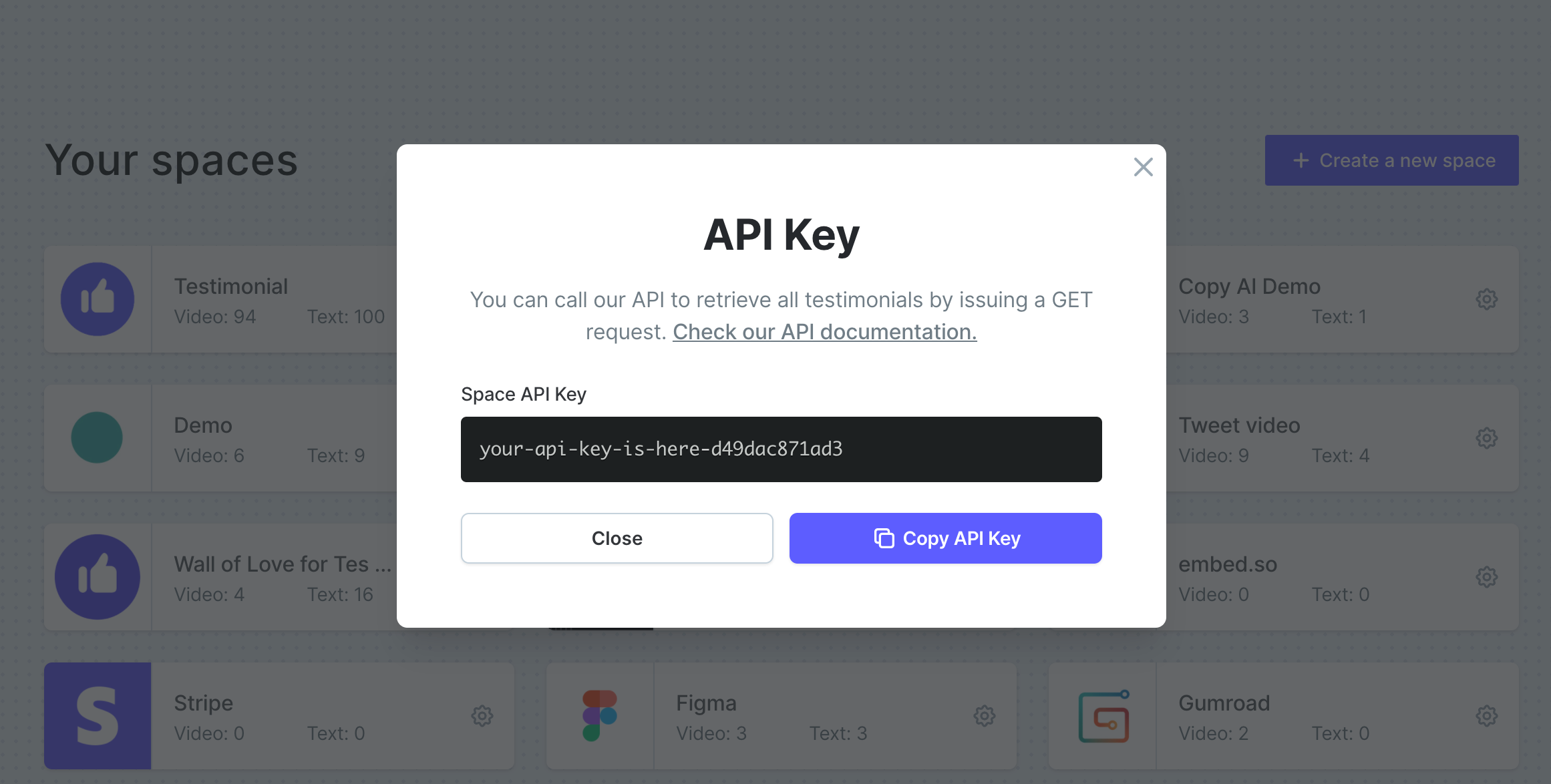 Copy API Key modal
