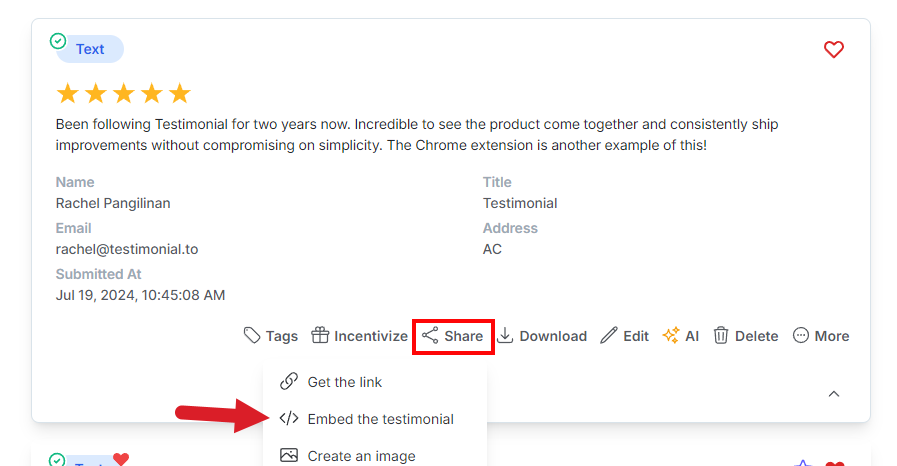 Embed testimonial in the overflow menu