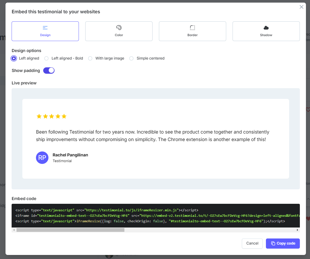 Single-text embed modal with live preview