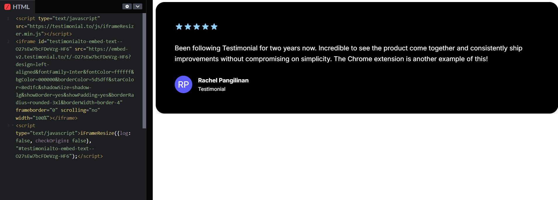Single text testimonial embed on a webpage