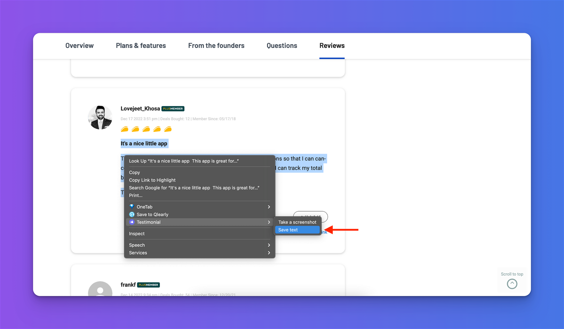 Right-click Save text on AppSumo