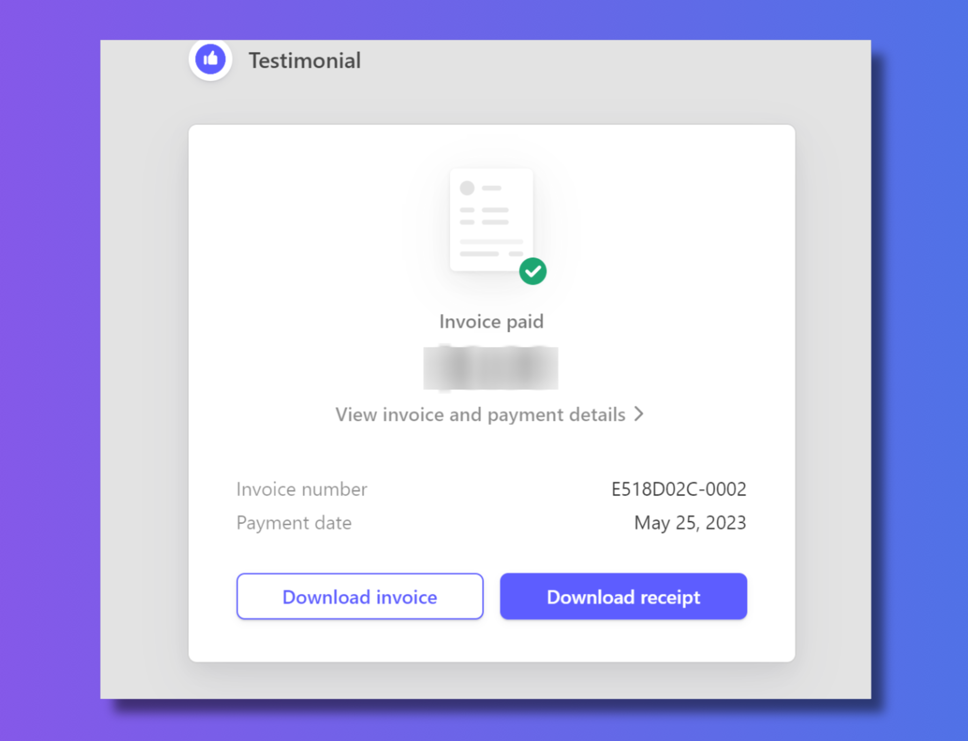Invoice page with download options for invoice and receipt