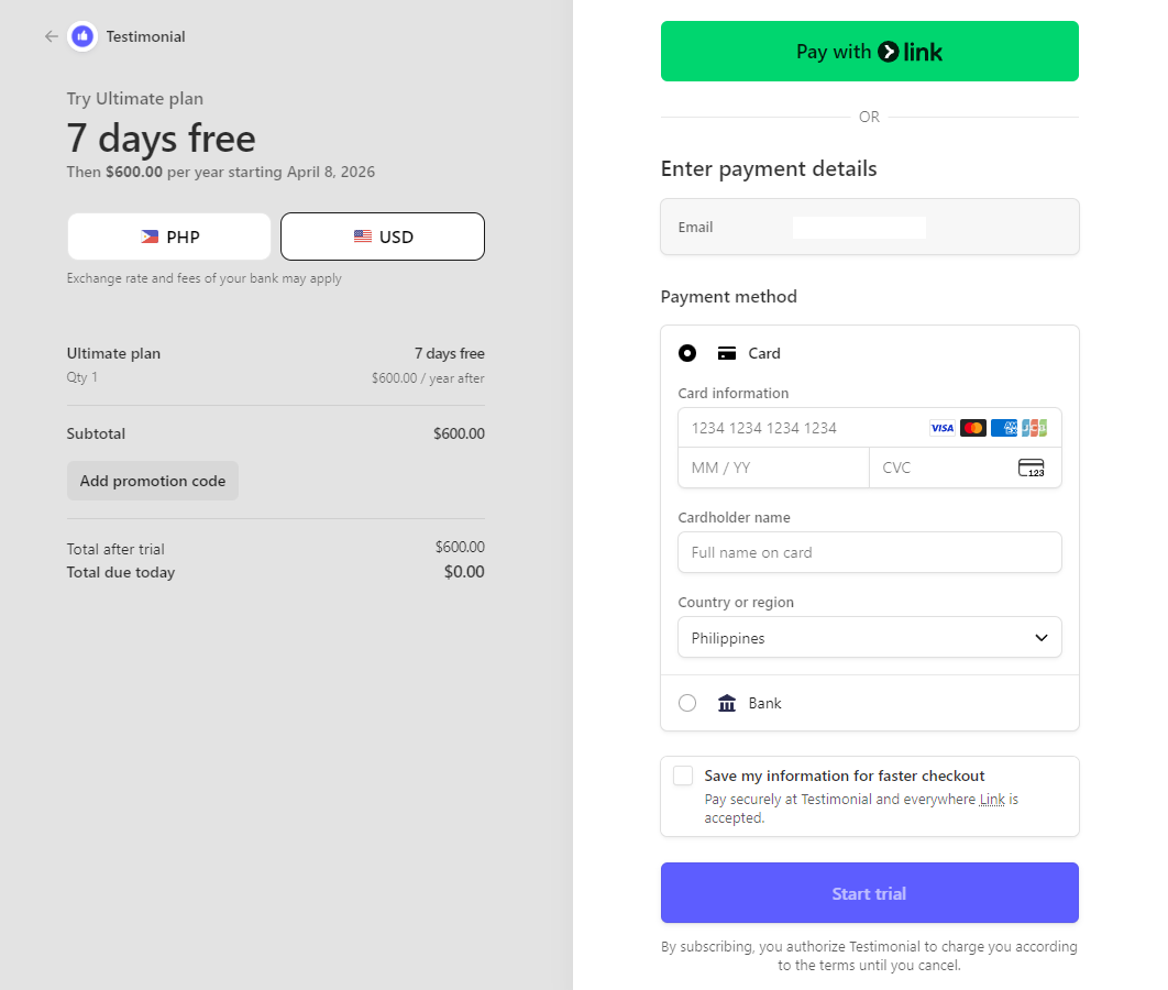 Stripe checkout page