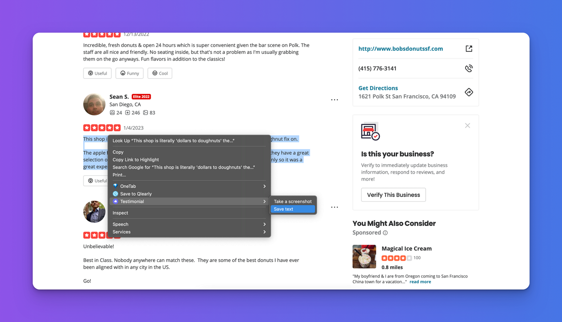 Right-click Save text on Yelp