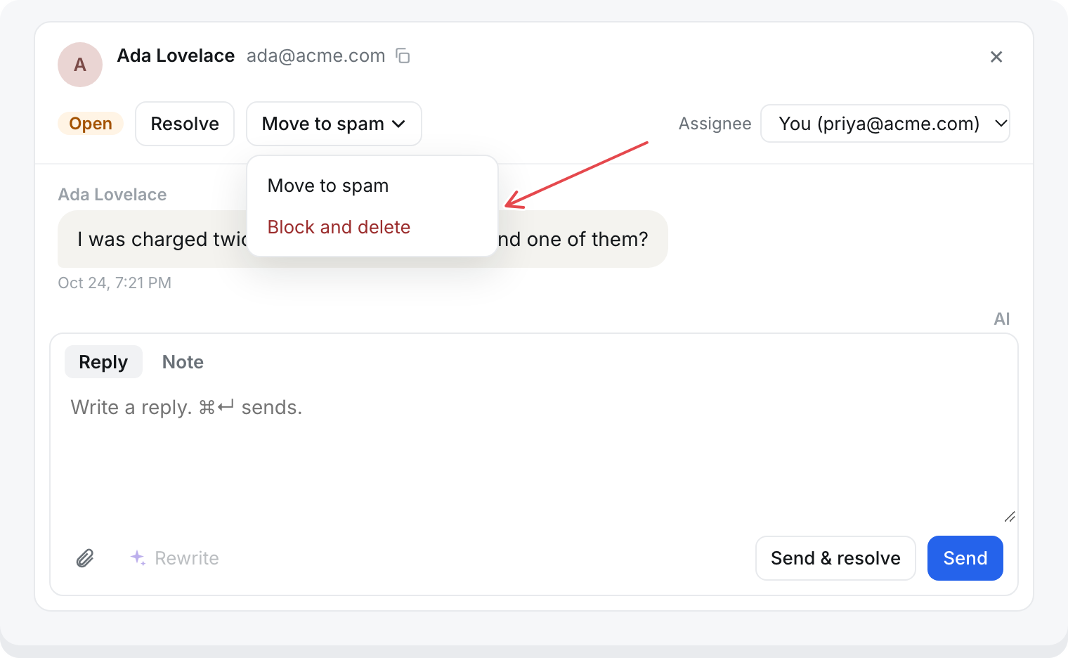The top of a conversation with the Move to spam menu open: Move to spam, and Block and delete