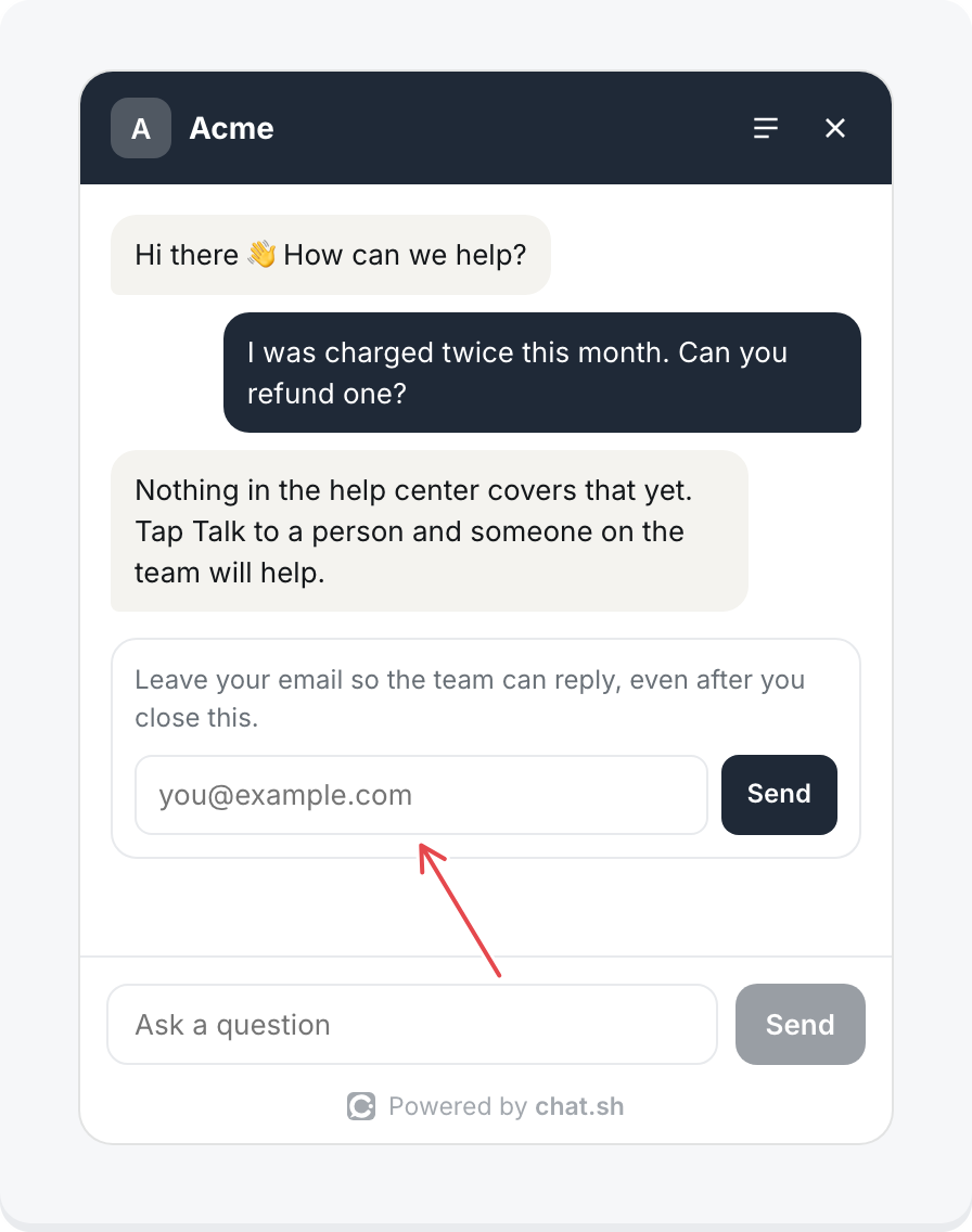 The messenger after Talk to a person: the box asking for an email so the team can reply