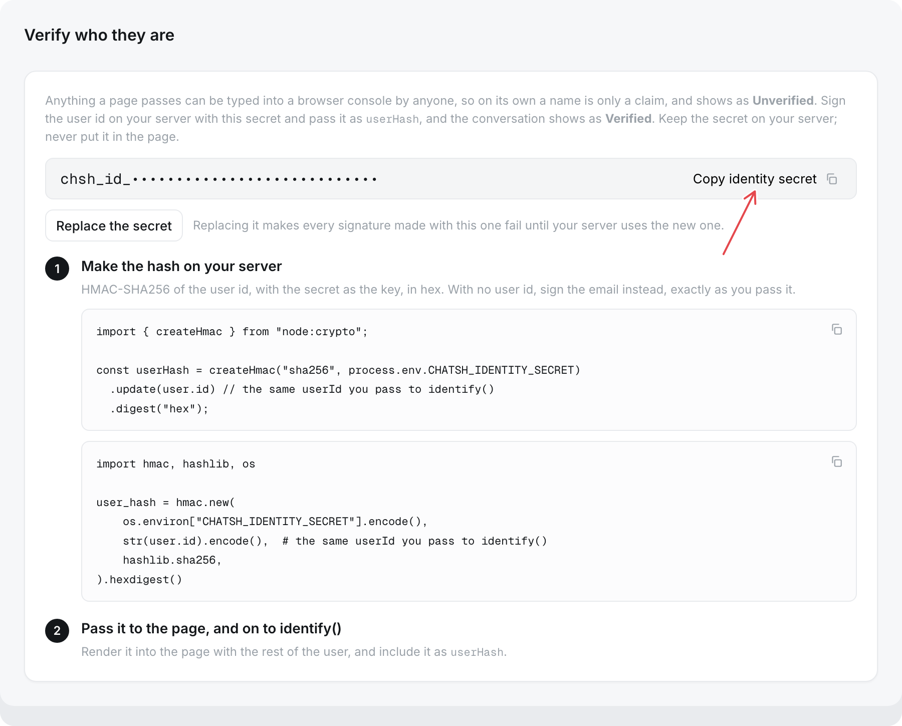 Messenger, Install, Verify who they are: verification on, with the secret to store on your server