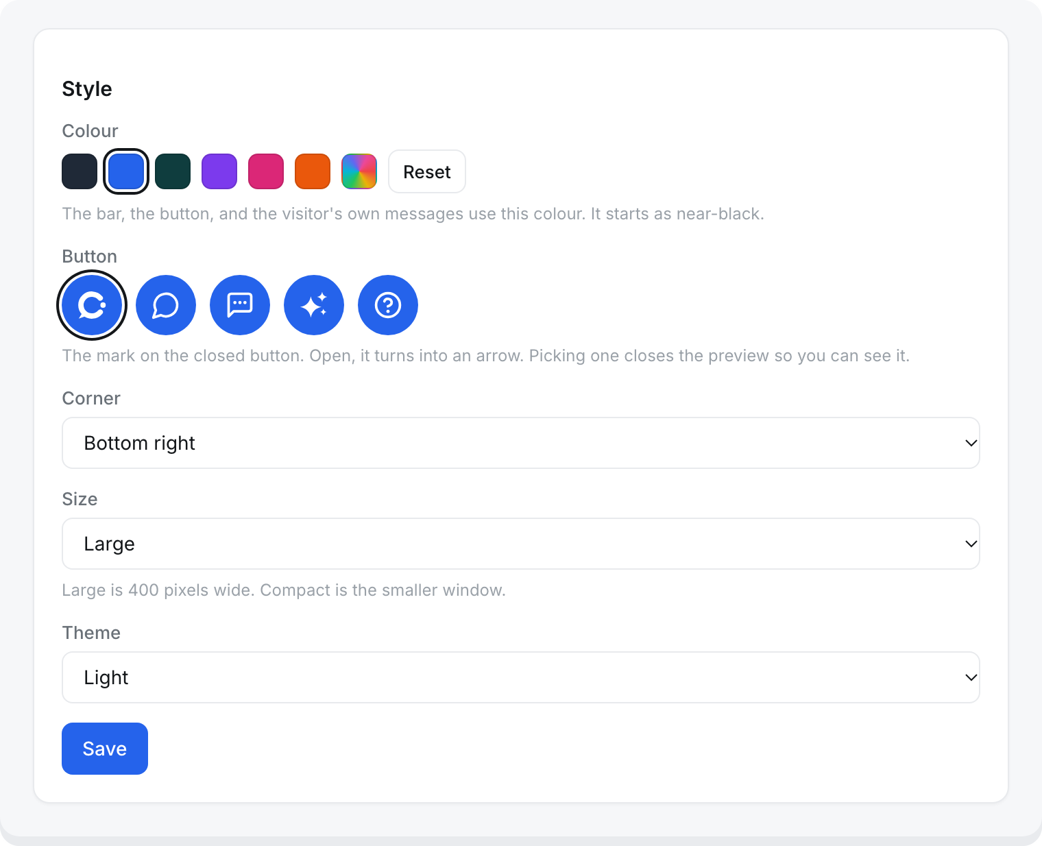 Messenger, Settings, Style: colour swatches, the button icons, corner, size and theme