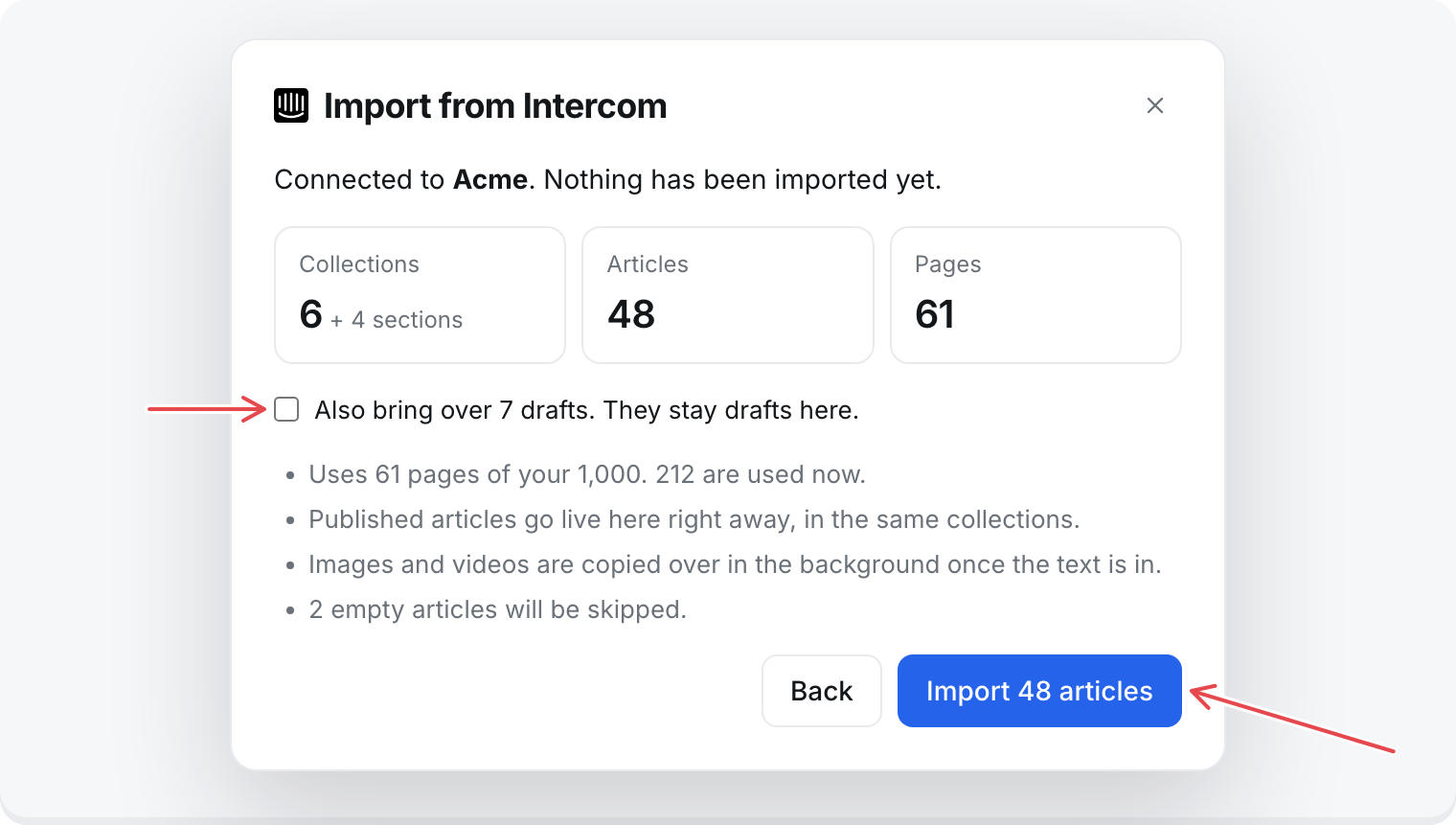 Import from Intercom: what will come over, with Also bring over drafts and Import articles