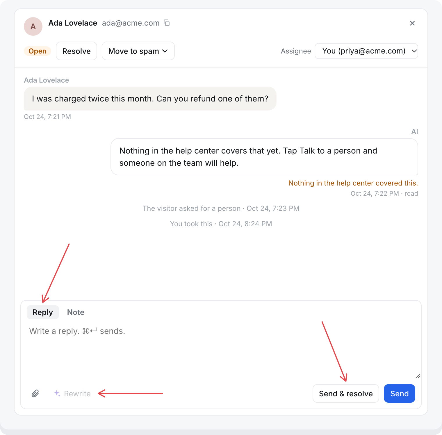 A conversation opened beside the list: assignee and Resolve at the top, the transcript, and the reply box with Reply and Note