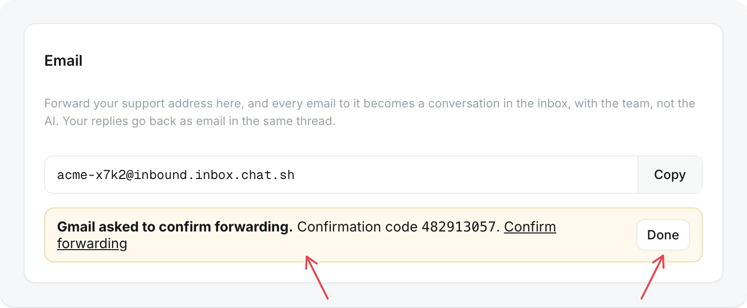 Inbox Settings, Email: Gmail asked to confirm forwarding, with the confirmation code, a Confirm forwarding link and a Done button