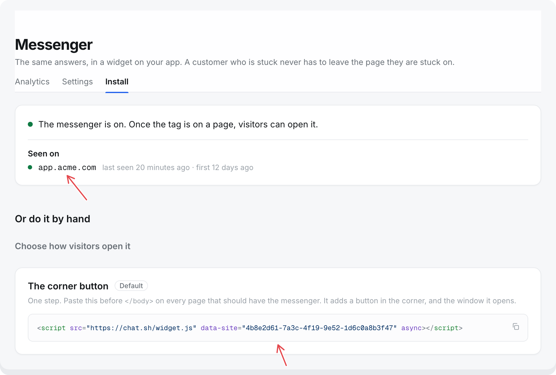 Messenger, Install: the tag with this help center's site ID, and Seen on listing acme.com