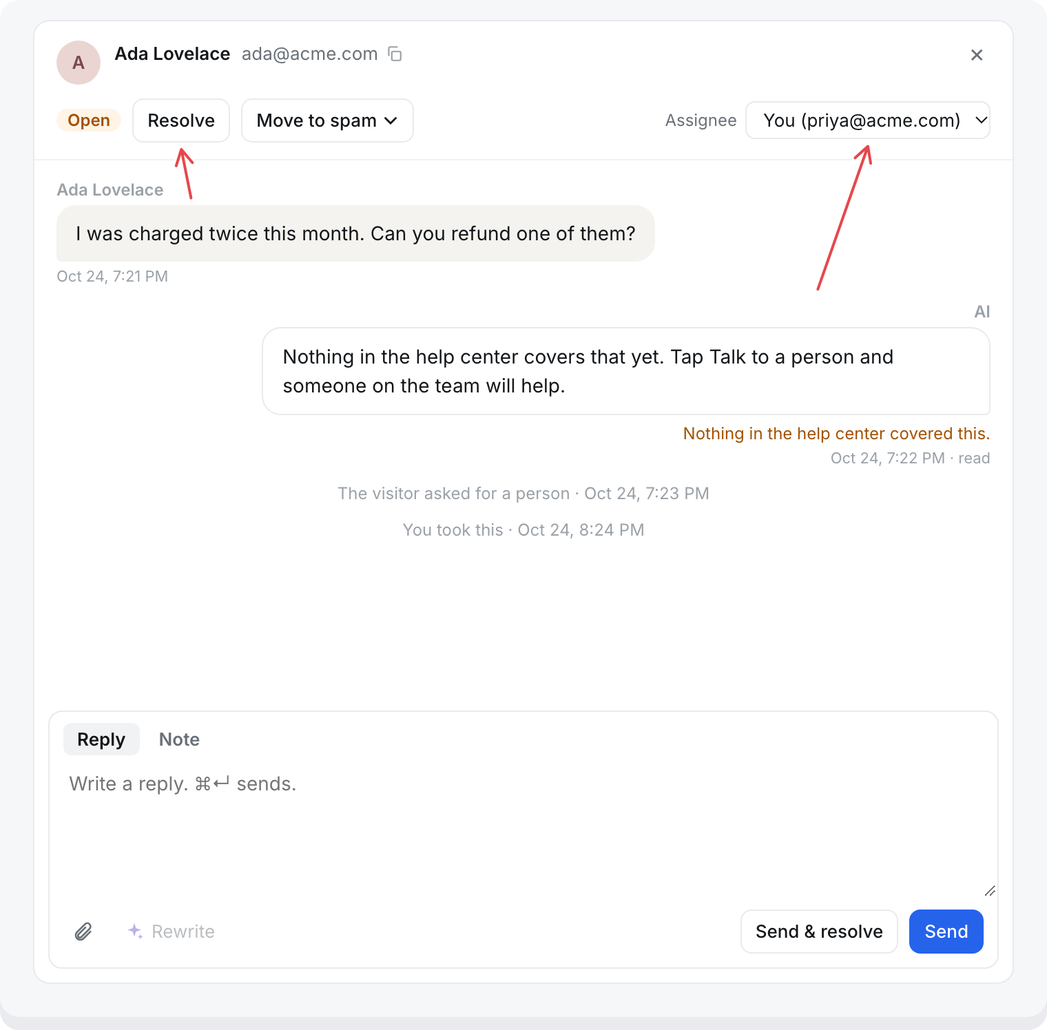 A conversation opened beside the list: assignee and Resolve at the top, the transcript, and the reply box with Reply and Note