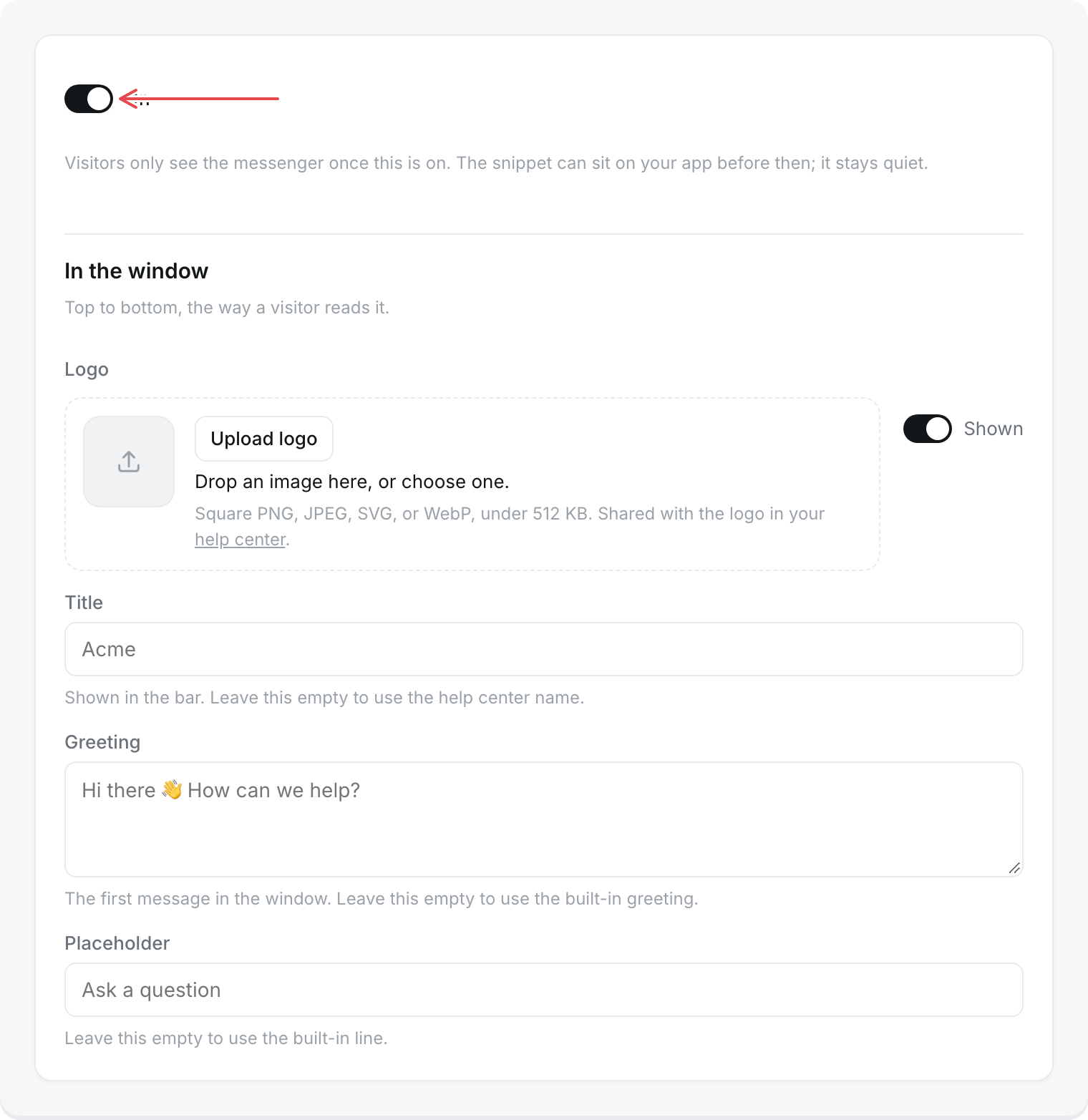 Messenger, Settings: the On switch, then the window's logo, title, greeting and placeholder
