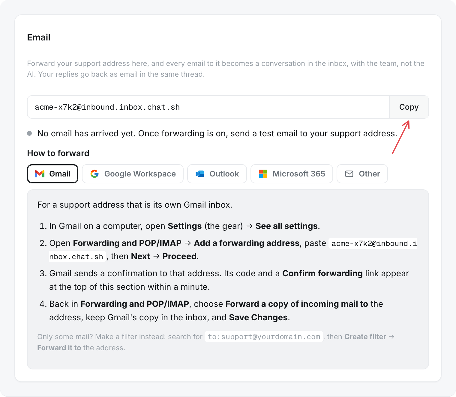 Inbox Settings, Email: the forwarding address with its Copy button, and How to forward with Gmail's steps