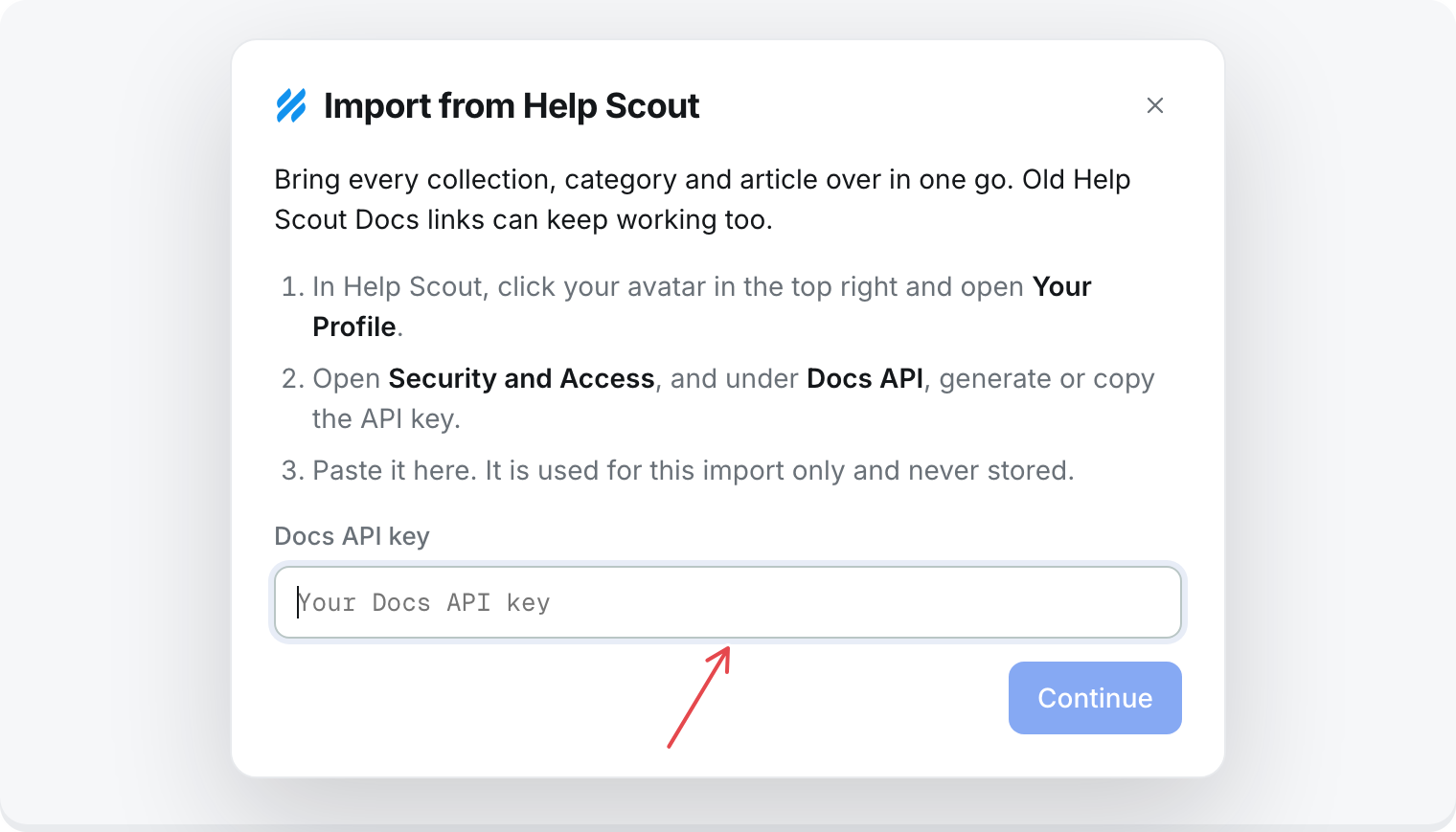 Import from Help Scout: where to find the Docs API key, and the box to paste it into