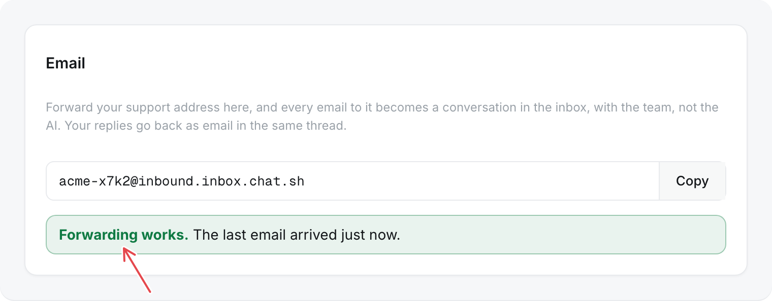 Inbox Settings, Email: a green notice reading Forwarding works. The last email arrived just now.